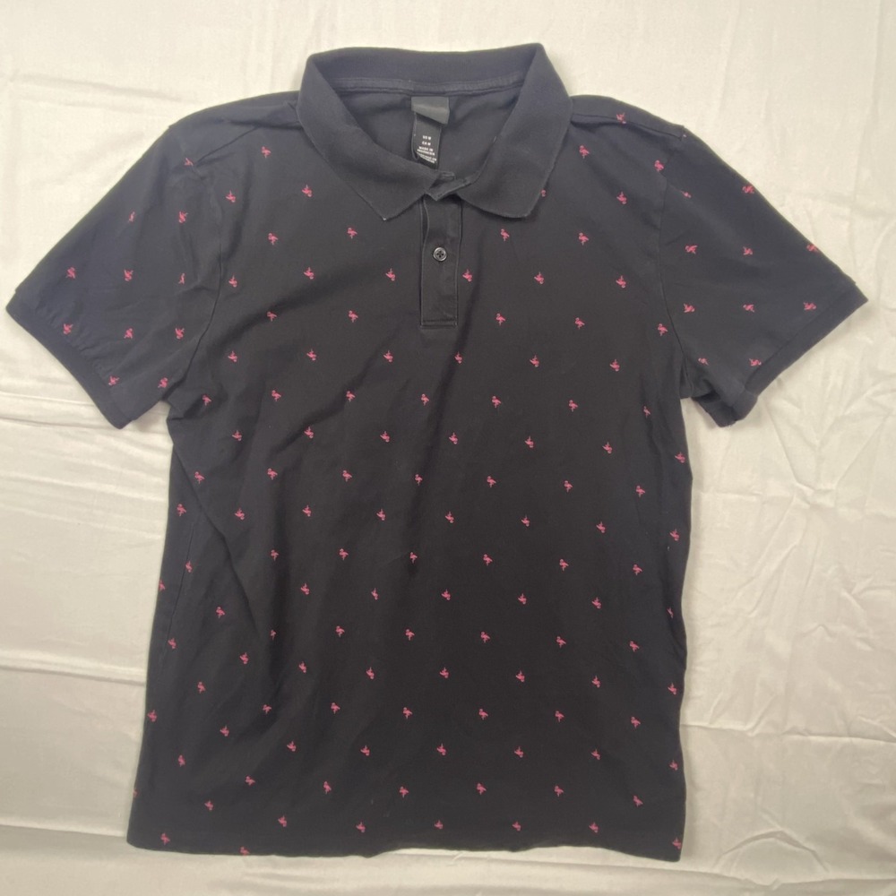 H&M‎ Men's Flamingo Print Polo Shirt 100% Cotton Black M Short Sleeve Collared
